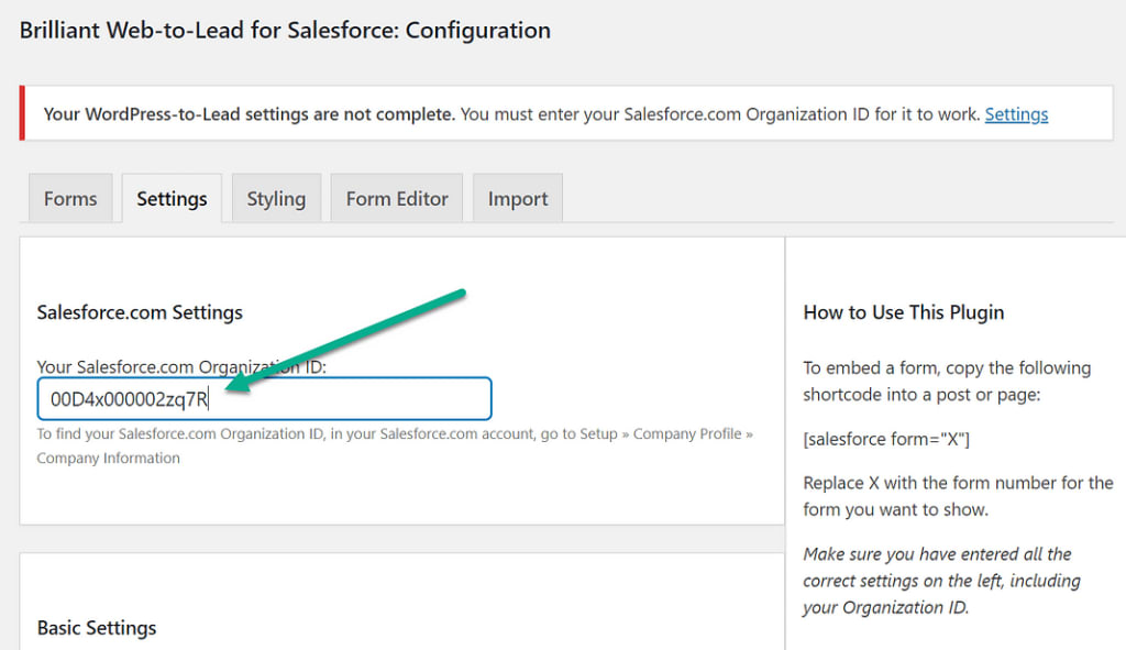 Salesforce WordPress - Enter Salesforce Organization ID